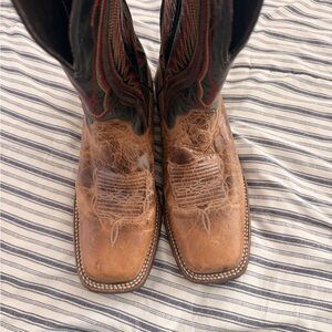 Ariat Brown Leather Cowboy Boots with Black and Red Shaft Accents